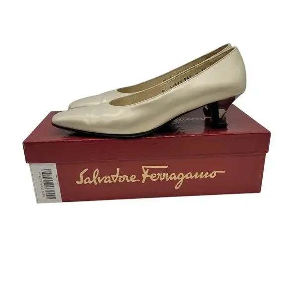 Salvatore Ferragamo Vintage Tortora Bone Calf Pumps - Size 8 AA
